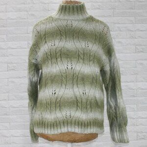 A.N.A. Sweater Cable Knit Green Ombre Stripe Mock Turtleneck Fuzzy Chunky Small